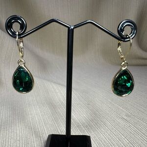 Vintage Monet Gold Tone and Emerald Teardrop Earrings